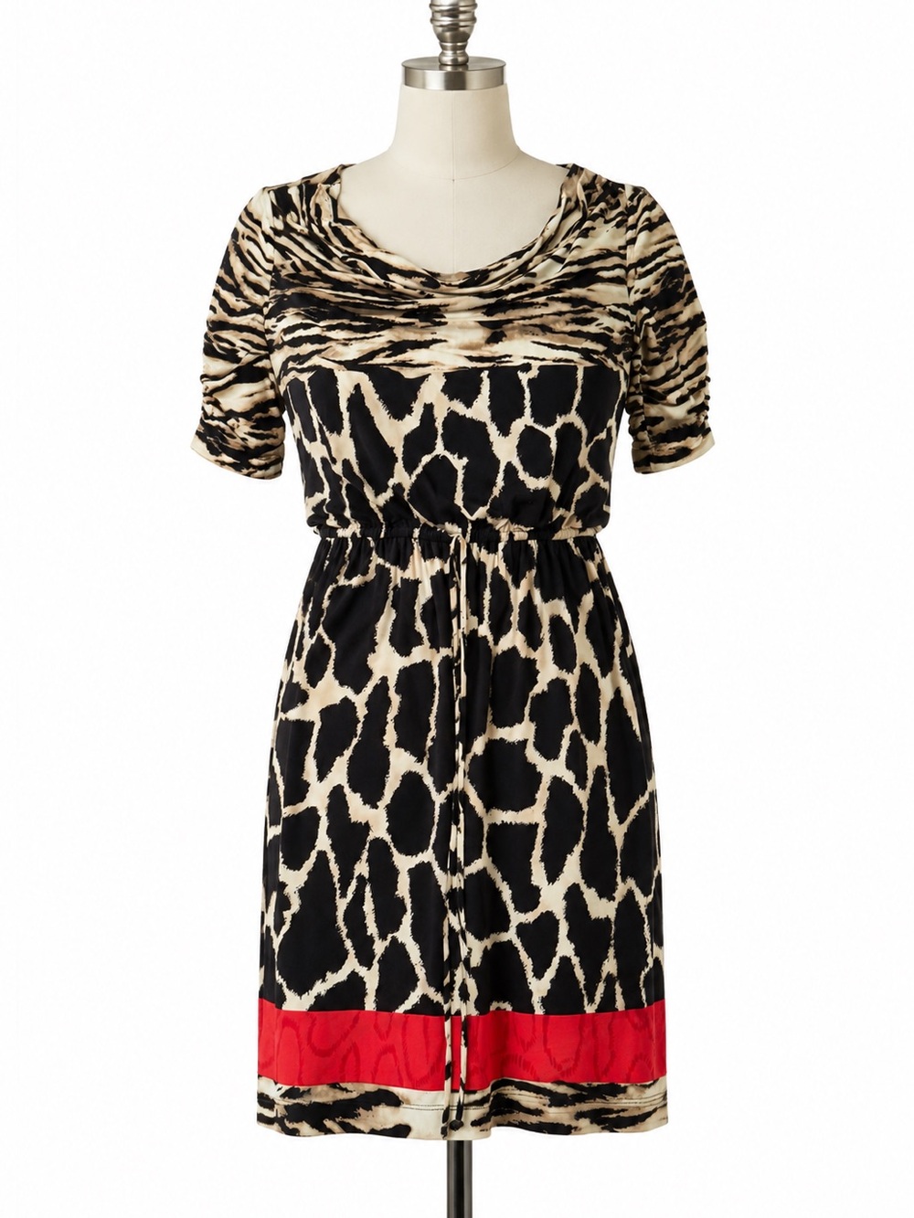 Tiana B. Black and Cream Animal Print Short Sleeve Dress with Red Hem
